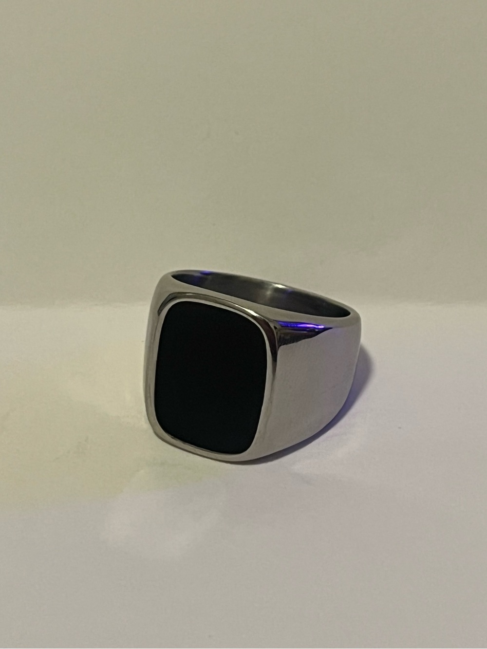Men's Silver Stainless Steel Signet Ring with Black Onyx Inlay